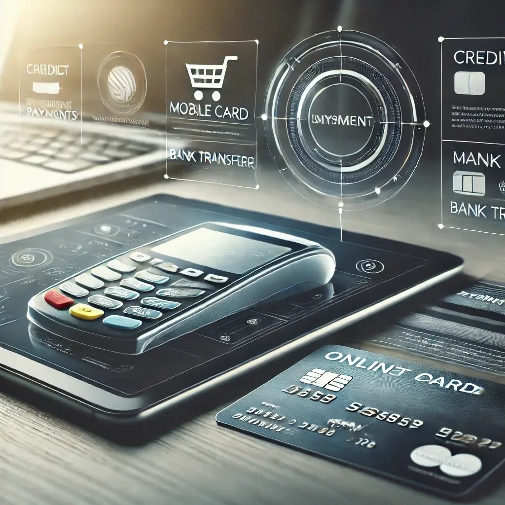 DALL·E 2024-10-10 14.10.22 - A sleek and professional image showing online payment integration on a website. The image includes a modern user interface with payment options like c